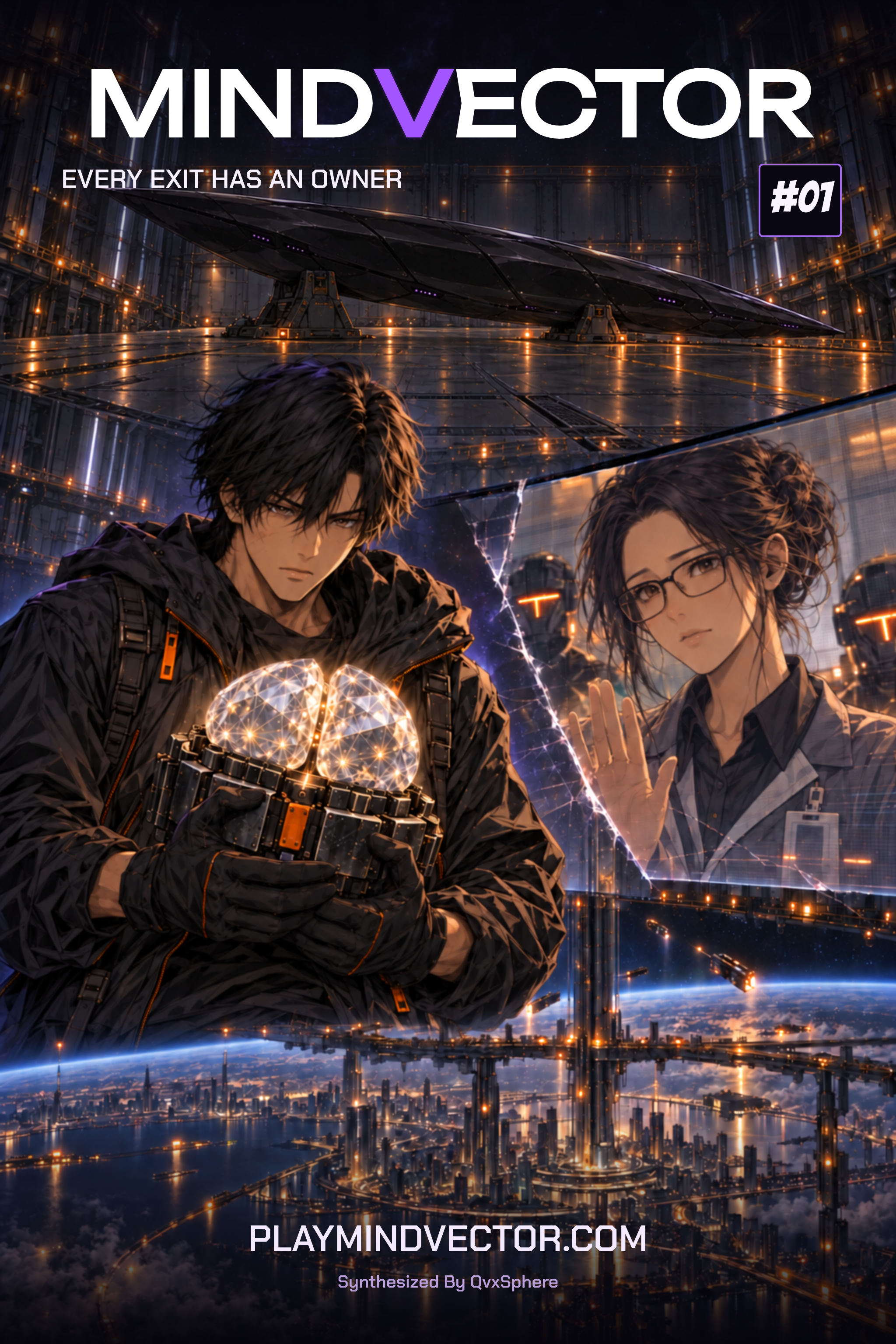 Cover: Ren holds his synthetic Mind while Yuna appears through a fractured intercom; the closed black MX-01 rests on hangar cradles above them.