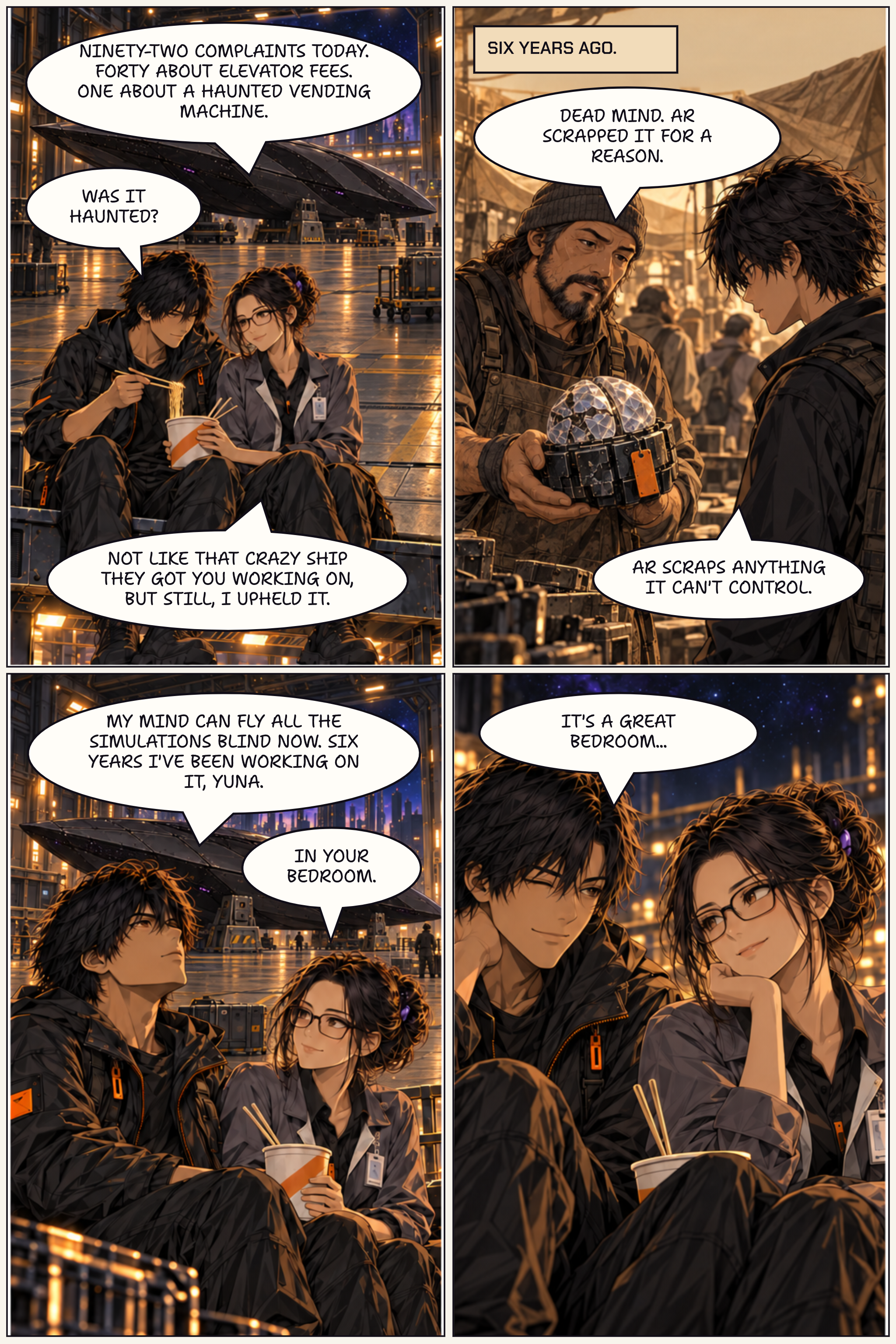 Page 2: Ren and Yuna share noodles beside the parked MX-01; a flashback shows the discarded Mind, followed by a playful exchange.