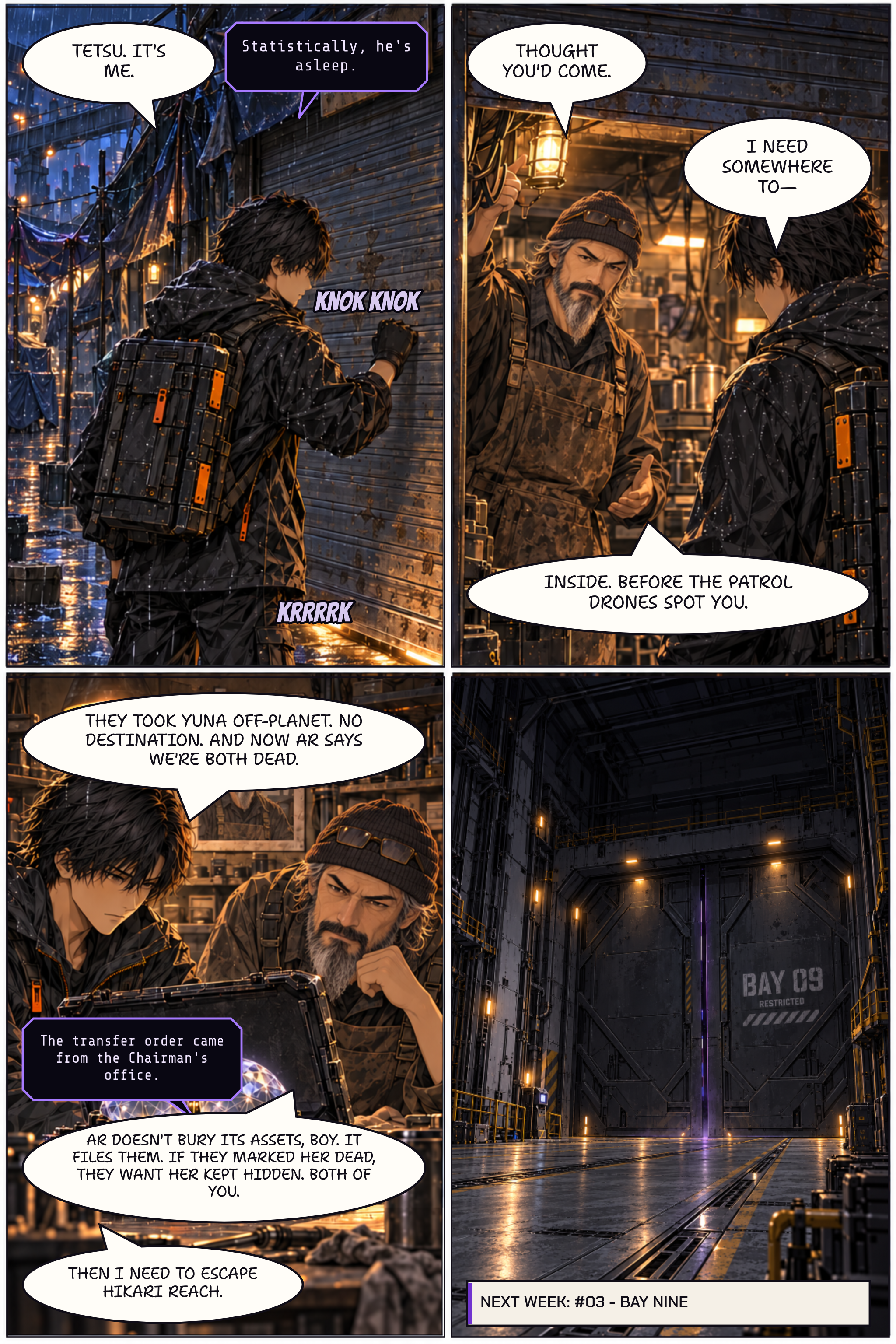 Page 4: Tetsu shelters Ren and the Mind in his workshop. Ren resolves to escape Hikari Reach. The final panel cuts to the sealed, ultraviolet-lit doors of restricted Bay Nine.
